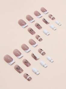 24 piezas Uñas falsas negro brillante corazones diseño con blanco polaco - Rosa - Ver 3