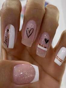 24 piezas Uñas falsas negro brillante corazones diseño con blanco polaco - Rosa - Ver 1