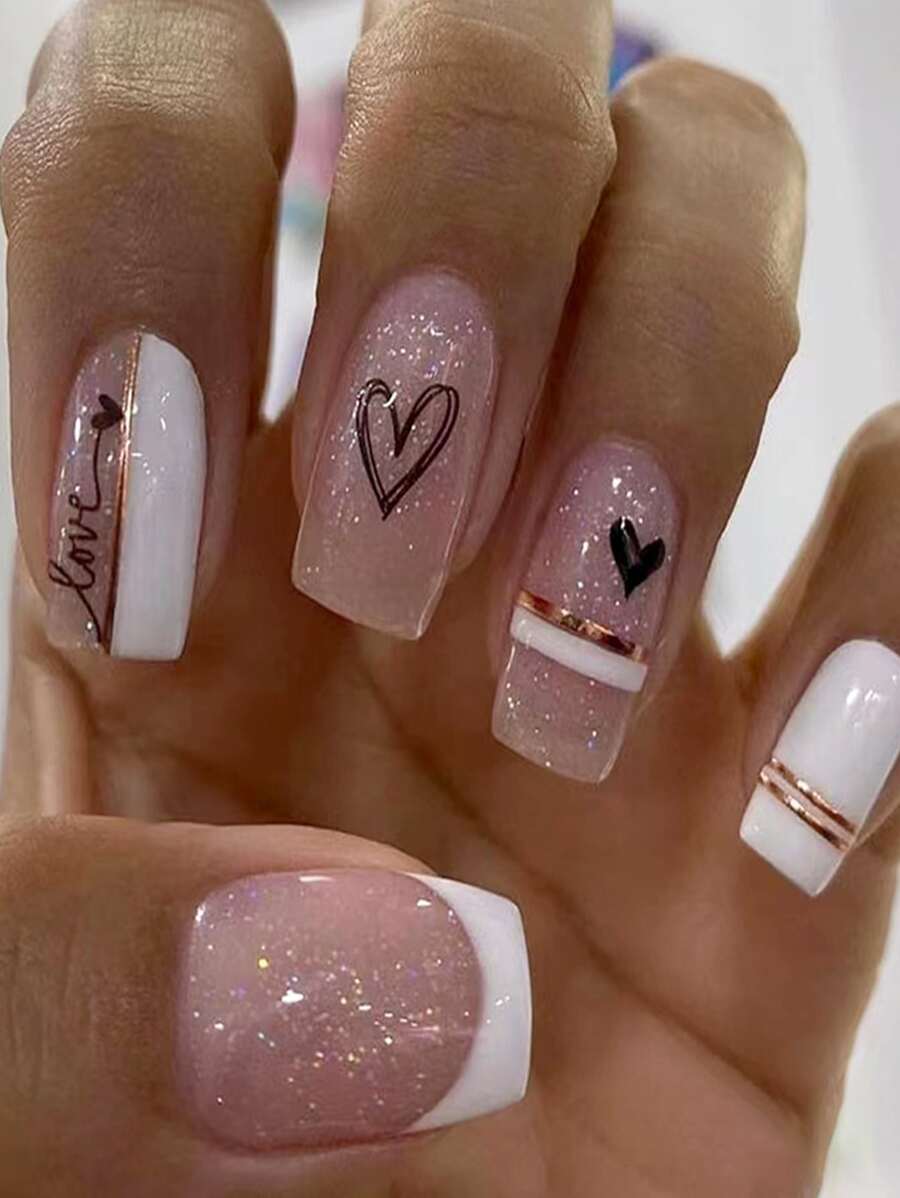 24 piezas Uñas falsas negro brillante corazones diseño con blanco polaco - Rosa - Ver 1
