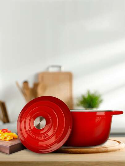 Casa Litus Olla de Hierro Fundido 3.8L Rojo tipo Dutch Oven para Horno y Estufa, Horno Holandés Esmaltado con Tapa, Cacerola Antiadherente de Cocción Uniforme para Hornear y Asar. Mod. Róterdam