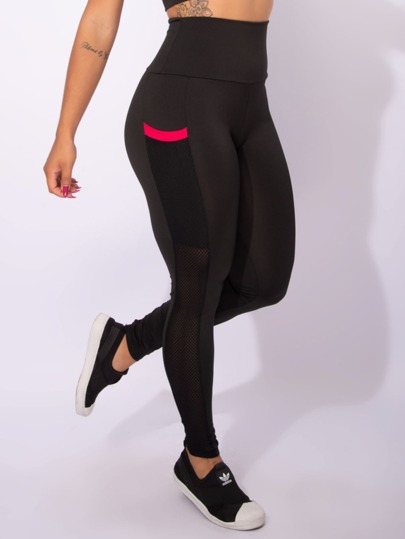 Calça Legging Com Bolso Tela Fitness Academia Feminina Cintura Alta