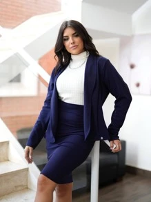 Conjunto Clássico social, Saia lápis e blazer feminino, possui recortes frontais, ótimo caimento. Em tecido malha crepe - Azul Marinho - Visão 4