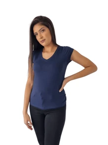 Blusa Camiseta Feminina Gola V Babylook Básica Lisa Viscolycra Slim Viscolycra Confortável Leve Trabalho Uniforme Dia a Dia - Azul Marinho - Visão 5