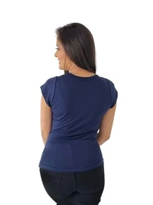 Blusa Camiseta Feminina Gola V Babylook Básica Lisa Viscolycra Slim Viscolycra Confortável Leve Trabalho Uniforme Dia a Dia - Azul Marinho - Visão 6
