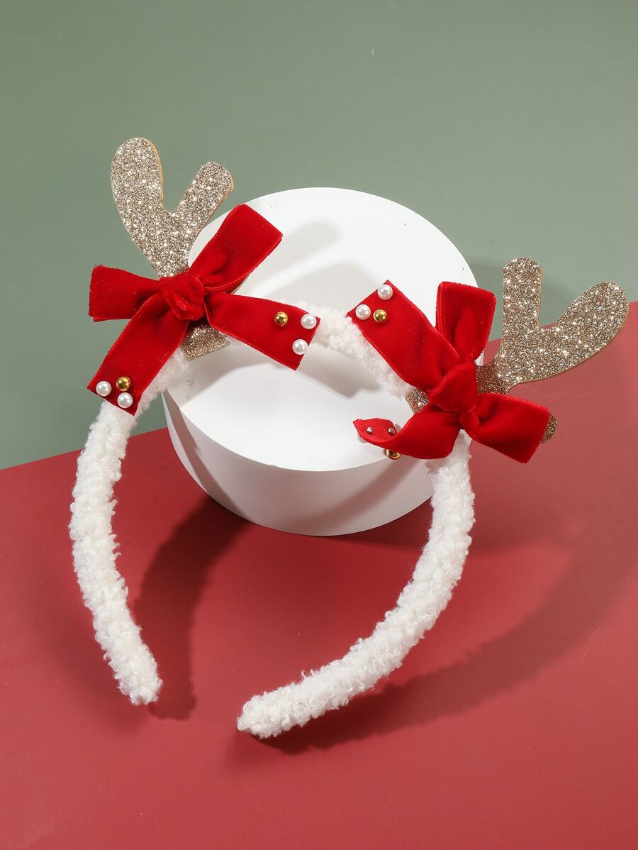 1pc Golden Deer Horn, Velvet Bow, Pearl Teddy Fur Christmas Headband, Party Series