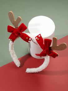 1pc Golden Deer Horn, Velvet Bow, Pearl Teddy Fur Christmas Headband, Party Series