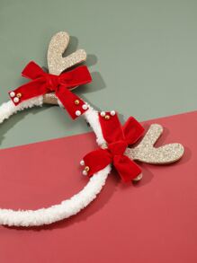 1pc Golden Deer Horn, Velvet Bow, Pearl Teddy Fur Christmas Headband, Party Series