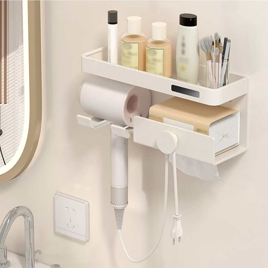 Multifunctional Storage Rack For Hair Dryers, Compatible With Dyson Dryers, Organizer Stand, Wall Mounted Bathroom Shelf For Cosmetics And Care Tools - White - View 1