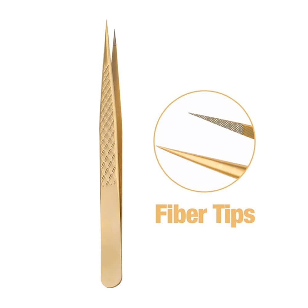 Fadvan 1pc Eyelash Extension Tweezers With Fiber Tips Golden Stainless Steel High Precision Tweezer For Volume Fans Makeup Tools - Gold - View 1