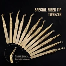 Fadvan 1pc Eyelash Extension Tweezers With Fiber Tips Golden Stainless Steel High Precision Tweezer For Volume Fans Makeup Tools - Gold - View 4