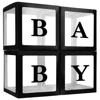 Baby Boxes with Letters for Baby Shower, 4 Transparent Balloon Boxes with 4 Letters for Boys & Girls Birthday, Gender Reveal Decorations and Wedding Party(Black)