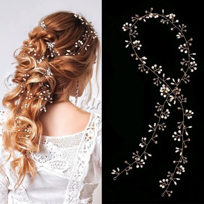 1pc Golden 50CM/19.68inch Handmade Faux Pearl & Crystal Hair Hoop, Suitable For Bridal Gown, Bridesmaid Dress, Party, Prom, Graduation Hair Chain Head Jewelry Head Pieces Jewelry Hair Jewelry Hair Vine Chain, Hair Jewellery, Wedding, Hair Accerssories, Hair Accessories For Women