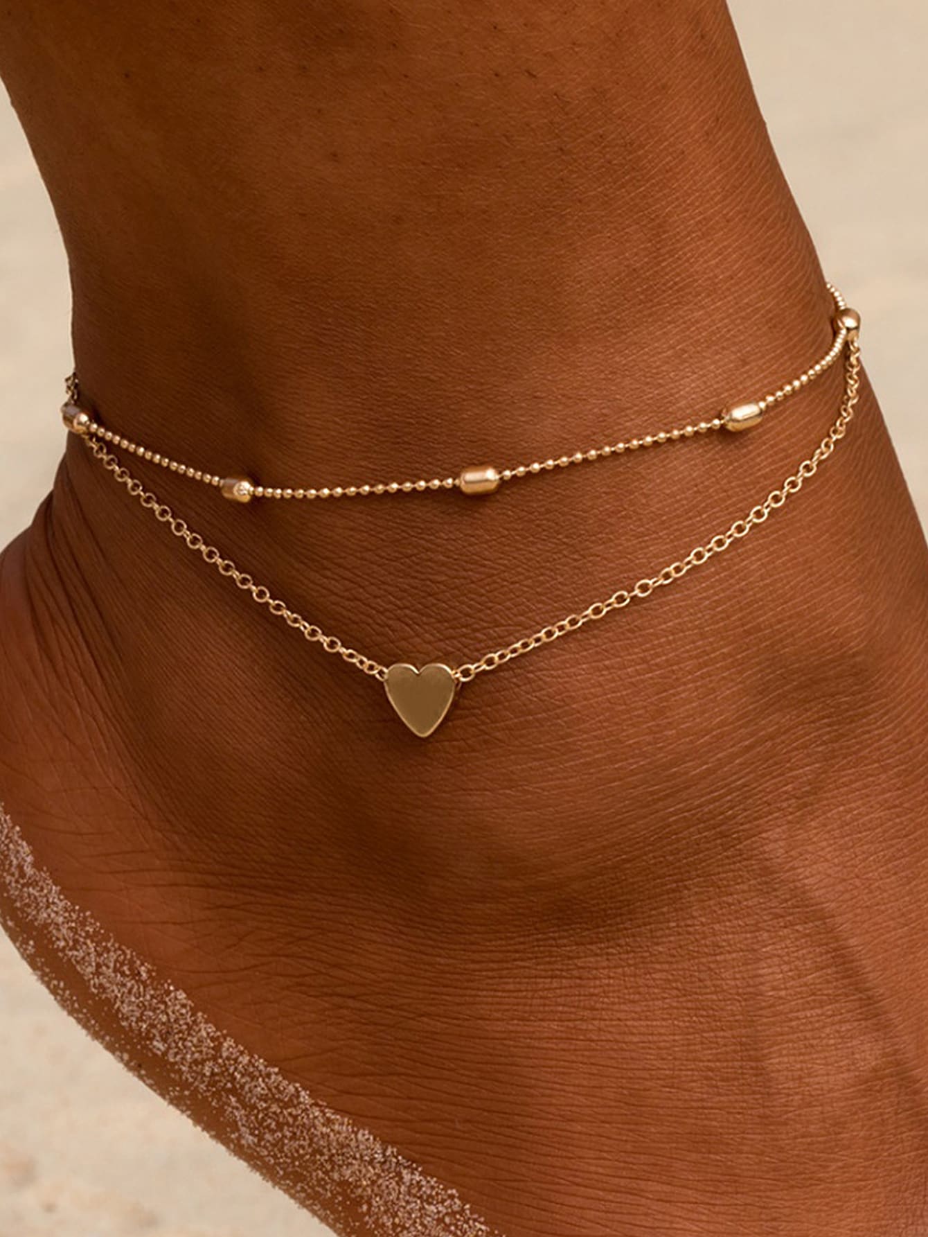 Summer Beach Style Heart Pendant Beaded Anklet - Gold - View 1