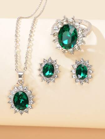 4pcs/set Gemstone & Rhinestone Decor Necklace, Earrings, And Ring Women's Evening Jewelry Set