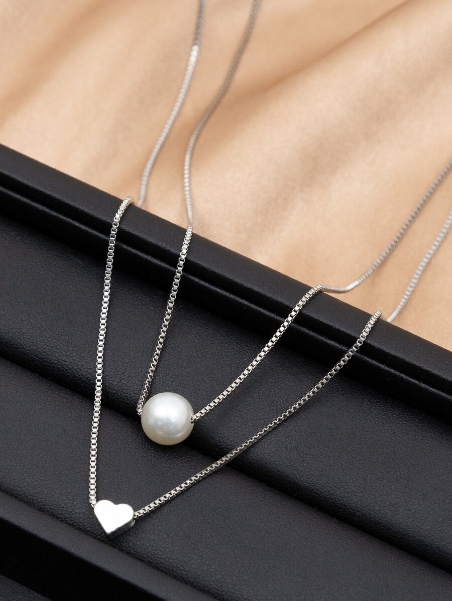 1 件银色简约精致双层心形仿珍珠吊坠项链，女士情人节日常佩戴配饰 - 銀色 - 查看 1