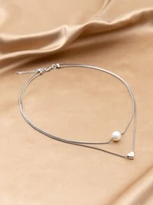 1 件银色简约精致双层心形仿珍珠吊坠项链，女士情人节日常佩戴配饰 - 銀色 - 查看 3