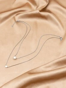 1 件银色简约精致双层心形仿珍珠吊坠项链，女士情人节日常佩戴配饰 - 銀色 - 查看 2