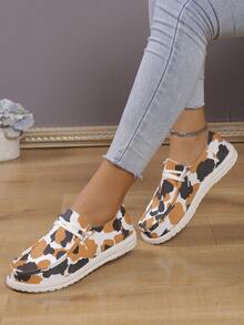 女性豹紋印花輕便透氣舒適帆布鞋,休閒運動鞋