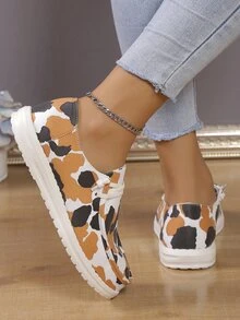 女性豹紋印花輕便透氣舒適帆布鞋,休閒運動鞋