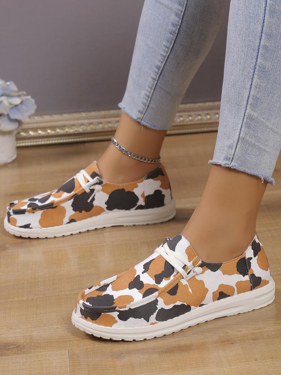 女性豹紋印花輕便透氣舒適帆布鞋,休閒運動鞋