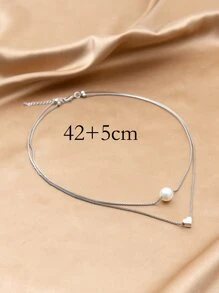 1 件银色简约精致双层心形仿珍珠吊坠项链，女士情人节日常佩戴配饰 - 銀色 - 查看 4