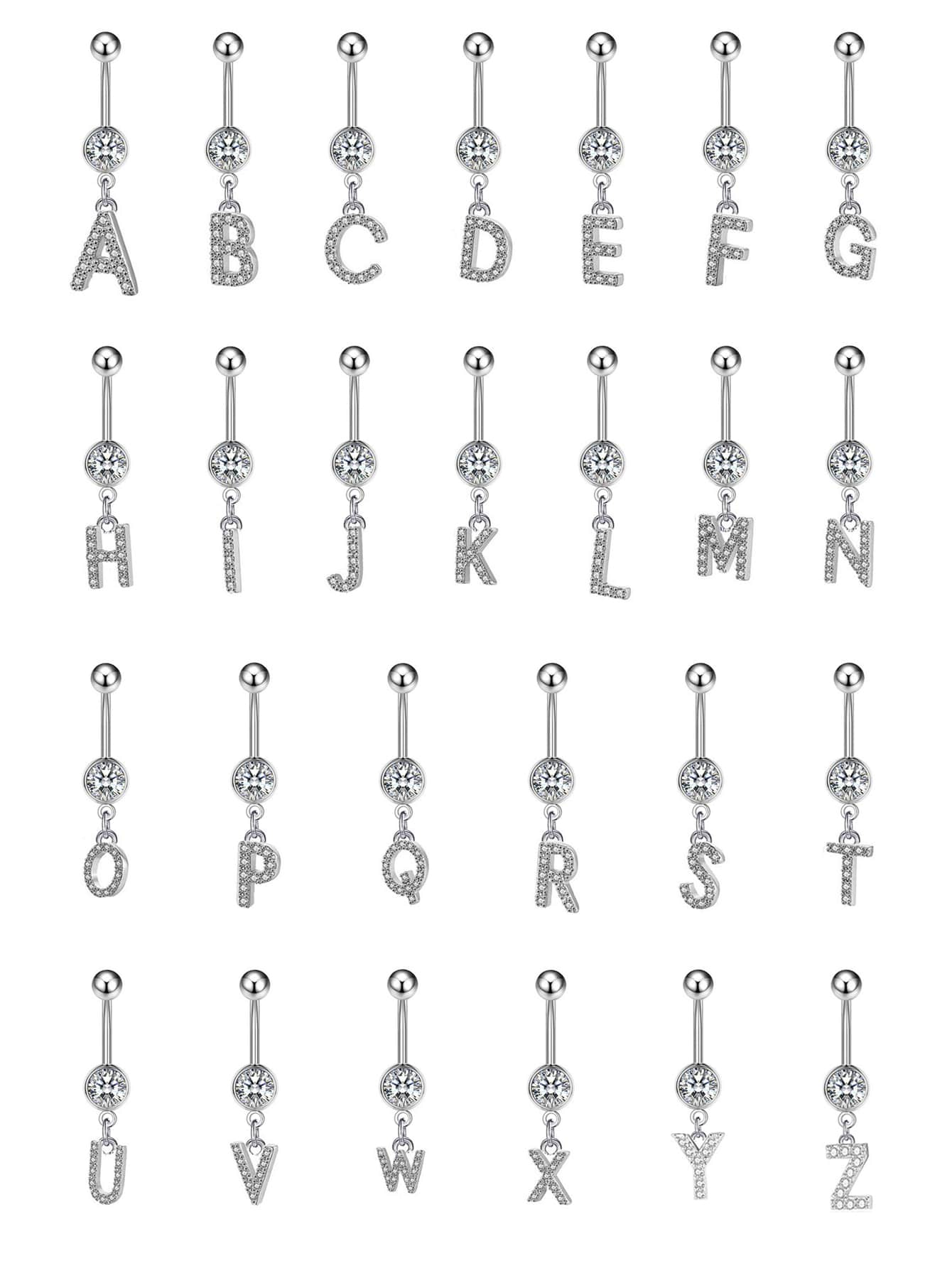 1 Miếng Micro-Inlaid Vòng rốn Với Treo trang trí chữ cái Vật rủ xuống Đối với phụ nữ - Bạc - Xem 1