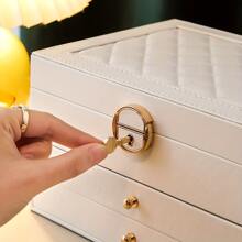 1PC Desktop Jewelry Storage Box High-grade Necklace Earrings Stud Gold Gemstone Jewelry Storage Box Leather Large Capacity Multilayer Organizer Case Box - White - View 6