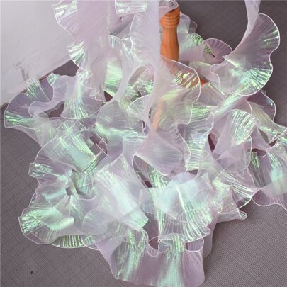 2m Mermaid Holographic Gradient Shiny Organza Fabric With Ruffle Hem And Flower Lace Embellishments For Decoration