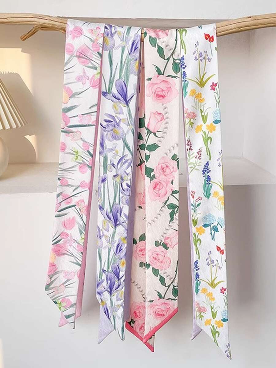 4 件蓝色花卉印花真丝围巾和发带，适合度假和日常生活等多种场合，波西米亚风情人节情人节头带头巾头带吸汗带，学校用品，学院，头带秋冬发带女士发饰 - 彩色 - 查看 1