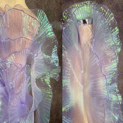 2 metros sirena con lentejuelas color gradual de gasa de tela con 3d fruncido ribete con fruncido & con encaje Decoración para Vestido DIY de coser