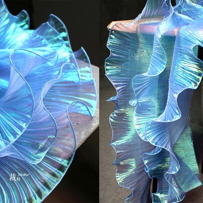 2 Yards Iridescent Mermaid Scale Gradient Organza Fabric With Pleats And Ruffles For Decoration