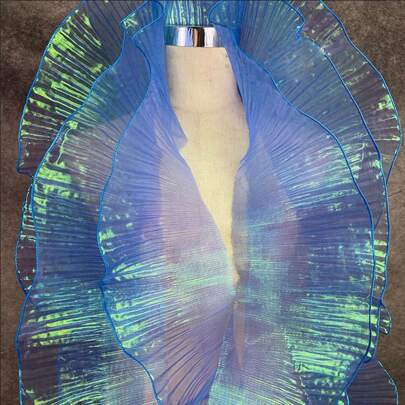 2 Yards Mermaid Mystic Rainbow Organza Fabric With Gradient Ruffle Trim, 3d Pleats, Large Lace Trim For Decoration