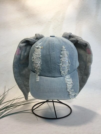 女士復古兔耳棒球帽，搭配破損牛仔布，手寫塗鴉，鏤空和洗水效果，適用於街頭攝影，嘻哈舞蹈和其他場合