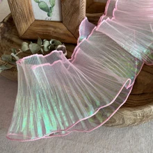 2 Yards Mermaid Iridescent Gradient Chiffon Fabric With Ruffle Hem, 3d Pleats, And Lace Trim Decoration Material For Diy - Pink - View 3