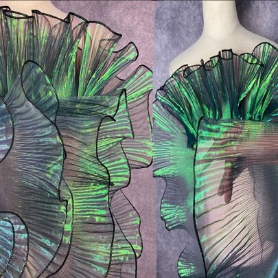 2 Yards Mermaid Holographic Gradient Fabric With Ruffle & Pleats & Lace Border Tulle Fabric For Decoration