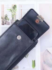 1 Piece Heart Design Solid Color Pu Leather Phone Bag Wallet - Black - View 3