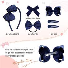 Set de 15 piezas de accesorios para el cabello de uniforme azul marino - Pinzas para el cabello con moño, diademas, ligas para el cabello, adecuado para niñas y estudiantes - Azul Marino - Ver 6