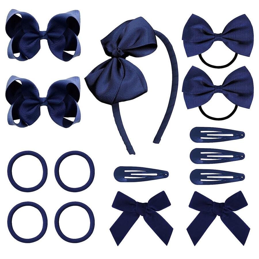 Set de 15 piezas de accesorios para el cabello de uniforme azul marino - Pinzas para el cabello con moño, diademas, ligas para el cabello, adecuado para niñas y estudiantes - Azul Marino - Ver 1