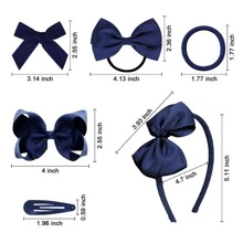 Set de 15 piezas de accesorios para el cabello de uniforme azul marino - Pinzas para el cabello con moño, diademas, ligas para el cabello, adecuado para niñas y estudiantes - Azul Marino - Ver 5