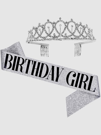 1 set Serre-tête en forme de couronne avec strass et bretelles d'épaule argentées, accessoires pour fête d'anniversaire