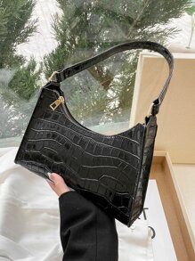 女式公事包、鱷魚紋肩包、腋下包、經典女式手提包、宴會包手袋 - 黑色 - 查看 1