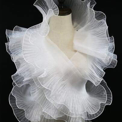 2m Gradient Rainbow Tulle Fabric With Mermaid Design Ruffle Hem, 3d Pleats, Lace Trim For Decorative Accessory Material