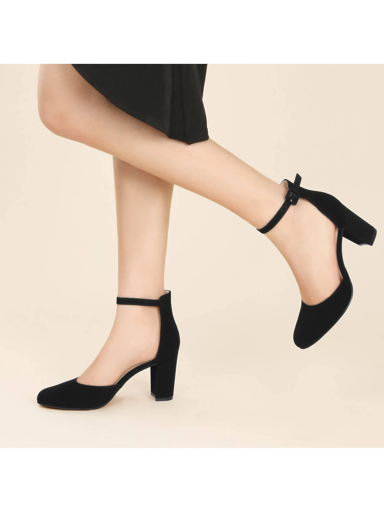 Women s Pointed Toe Low Block Thick Heel Ankle Strap High Heels 2.25 Inches Black SHEIN