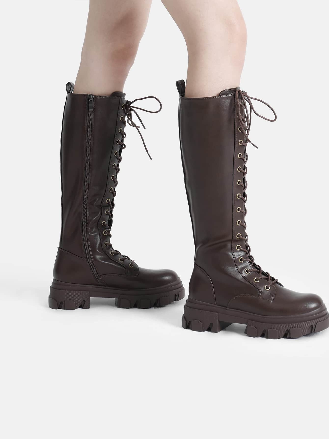 Knee High Boots Women, Lace Up Chunky Platform Lug Sole Boots For Women Black/Knitting - màu nâu - Xem 1