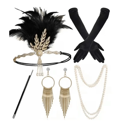 1set 5pcs 1920s Women's Holiday Party Accessories Feather Headband Christmas Dance Costume Halloween Prom