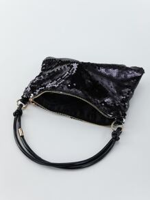 1入組黑色亮片 PU 手拿包，帶拉鍊和鏈條手柄，適合派對、婚禮或聚會