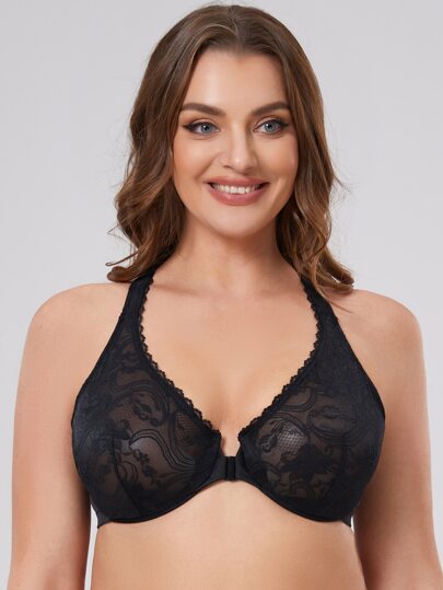 Plus Size Racerback Floral Lace Underwire Front Closure Bra, Lingerie