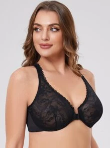Plus Size Racerback Floral Lace Underwire Front Closure Bra, Lingerie