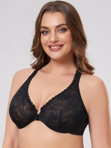 Plus Size Racerback Floral Lace Underwire Front Closure Bra, Lingerie