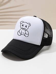 1pc Unisex White Line Drawing Bear Outdoor Leisure Adjustable Breathable Baseball Cap Trucker Cap Casual - Black and White - View 2